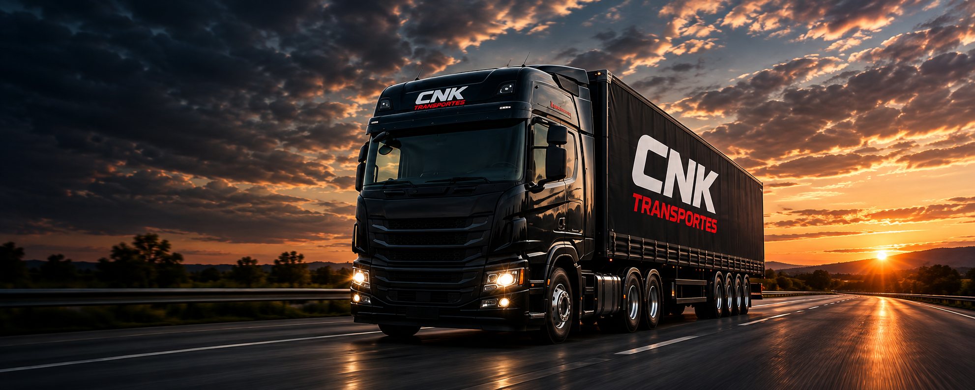 Carreta da CNK Transportes em rodovia ao pôr do sol